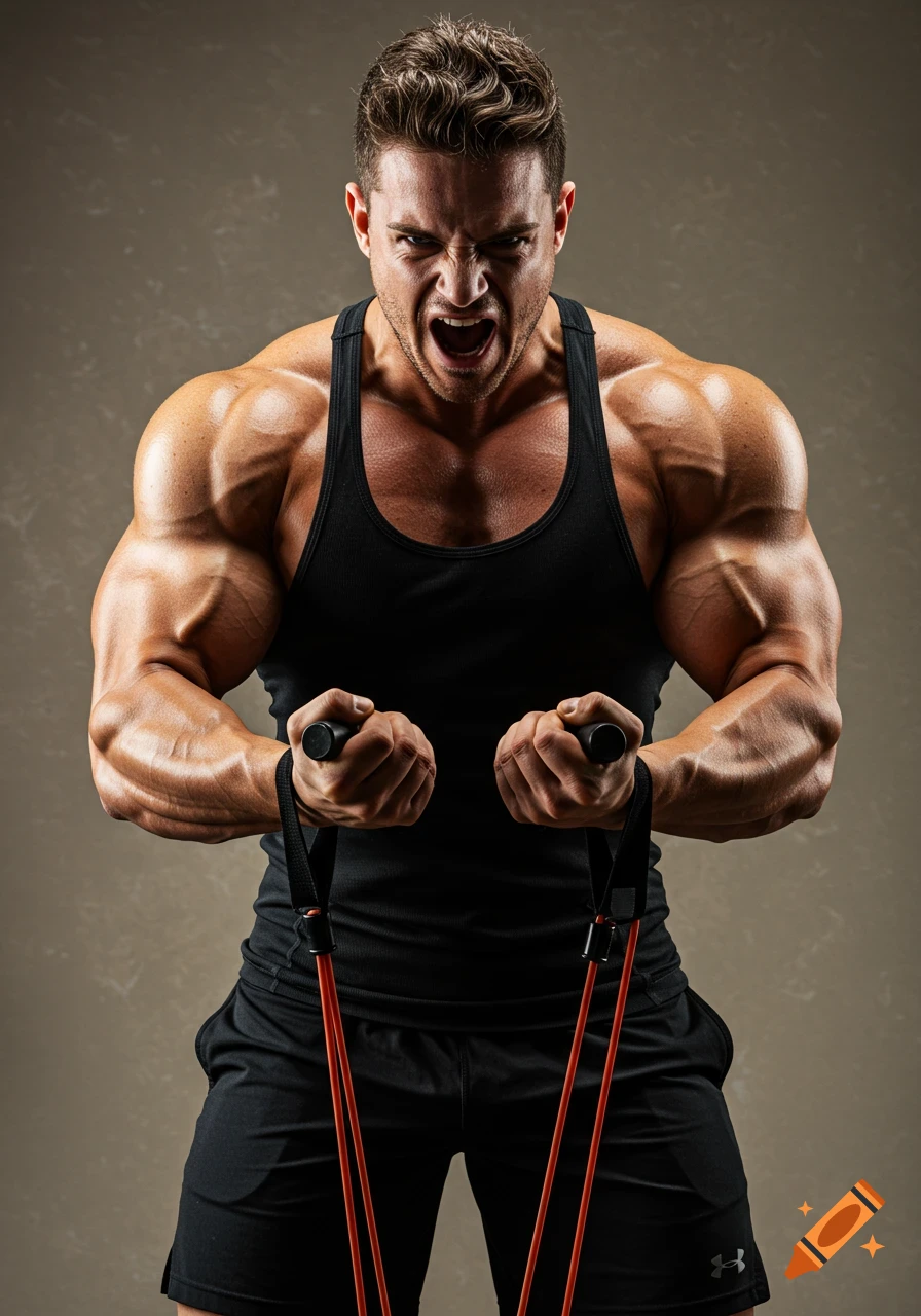 Muscular man yelling while doing bicep curls with resistance bands.