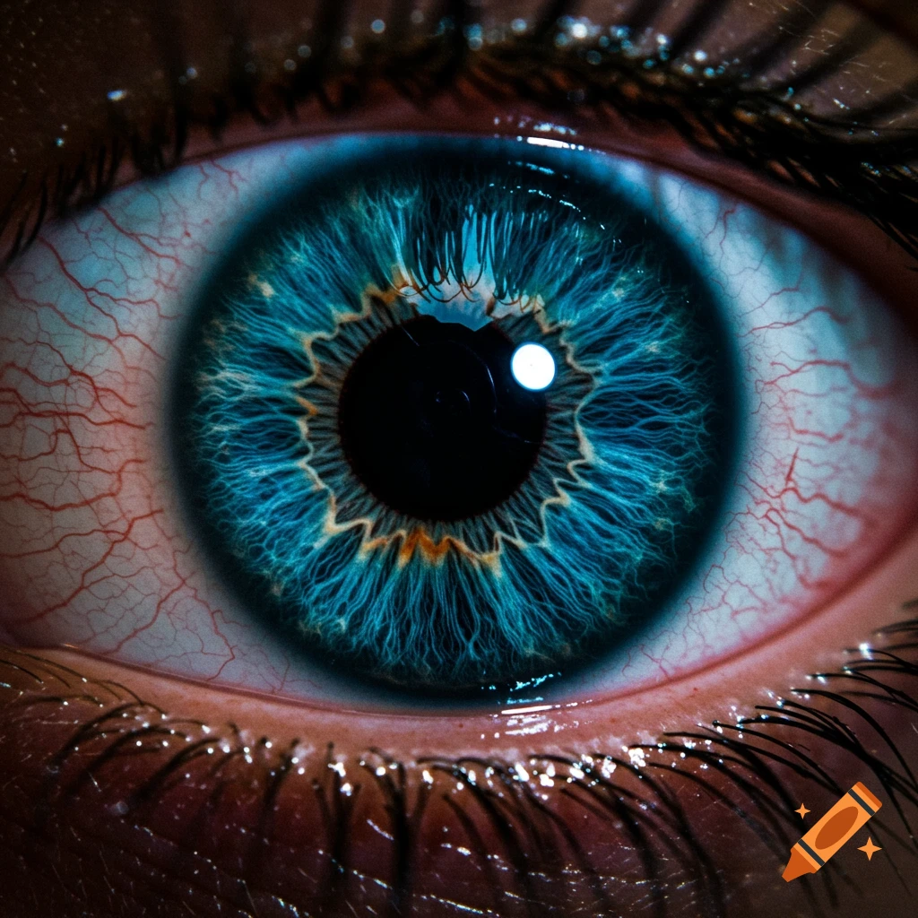Close-up of a blue human eye with prominent red veins and a dark sclera.