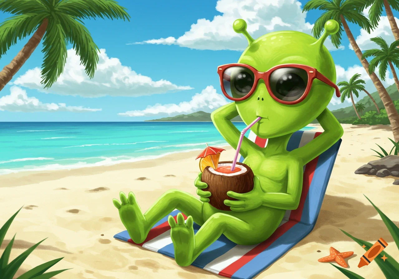 A green alien sunbathes on a beach under palm trees, drinking a cocktail from a coconut in a cartoon style.