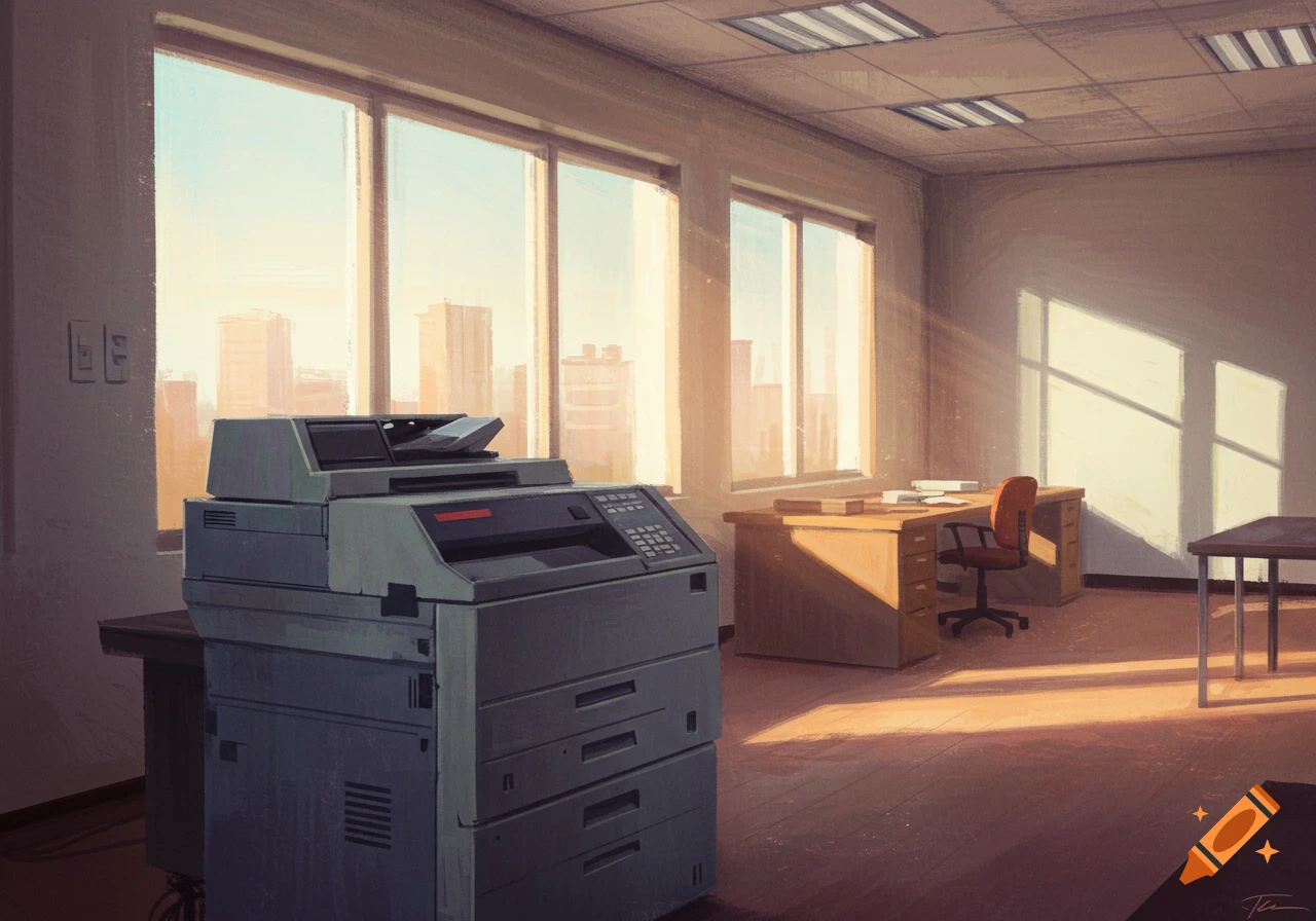 Impressionist painting of an empty office with a large copy machine and sunlit windows showing a city skyline.