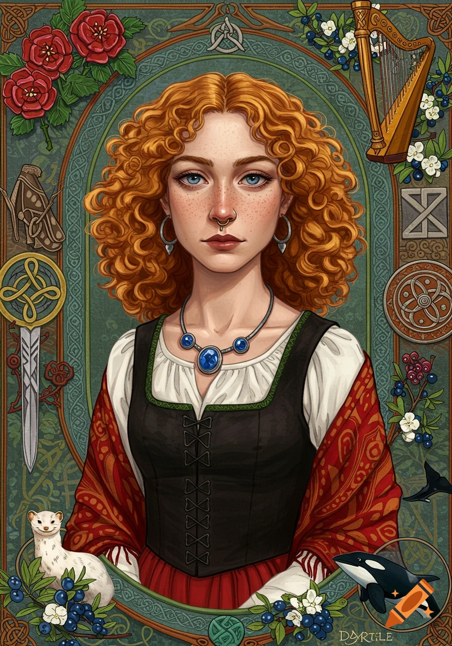 Illustrative portrait of a woman with red curly hair in traditional dress, surrounded by Celtic symbols, animals, and plants.