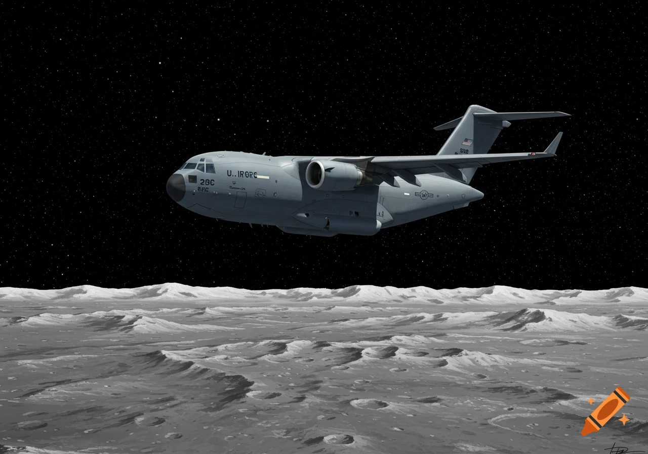 A large grey military transport aircraft flies over the cratered surface of the moon against a starry black space.