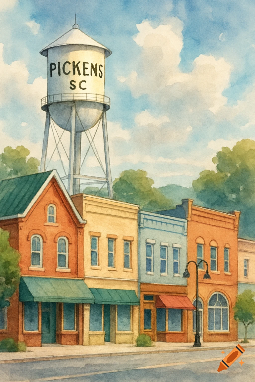 Watercolor painting of a small town street with buildings and a water tower labeled PICKENS SC.