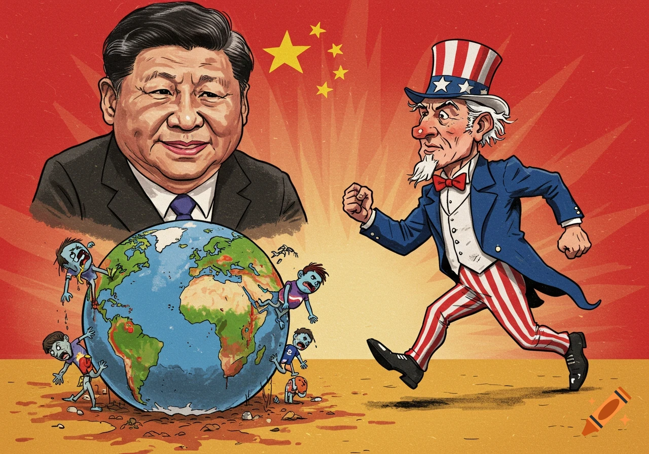Cartoon of Xi Jinping looking over a globe with zombies, while Uncle Sam runs towards it.
