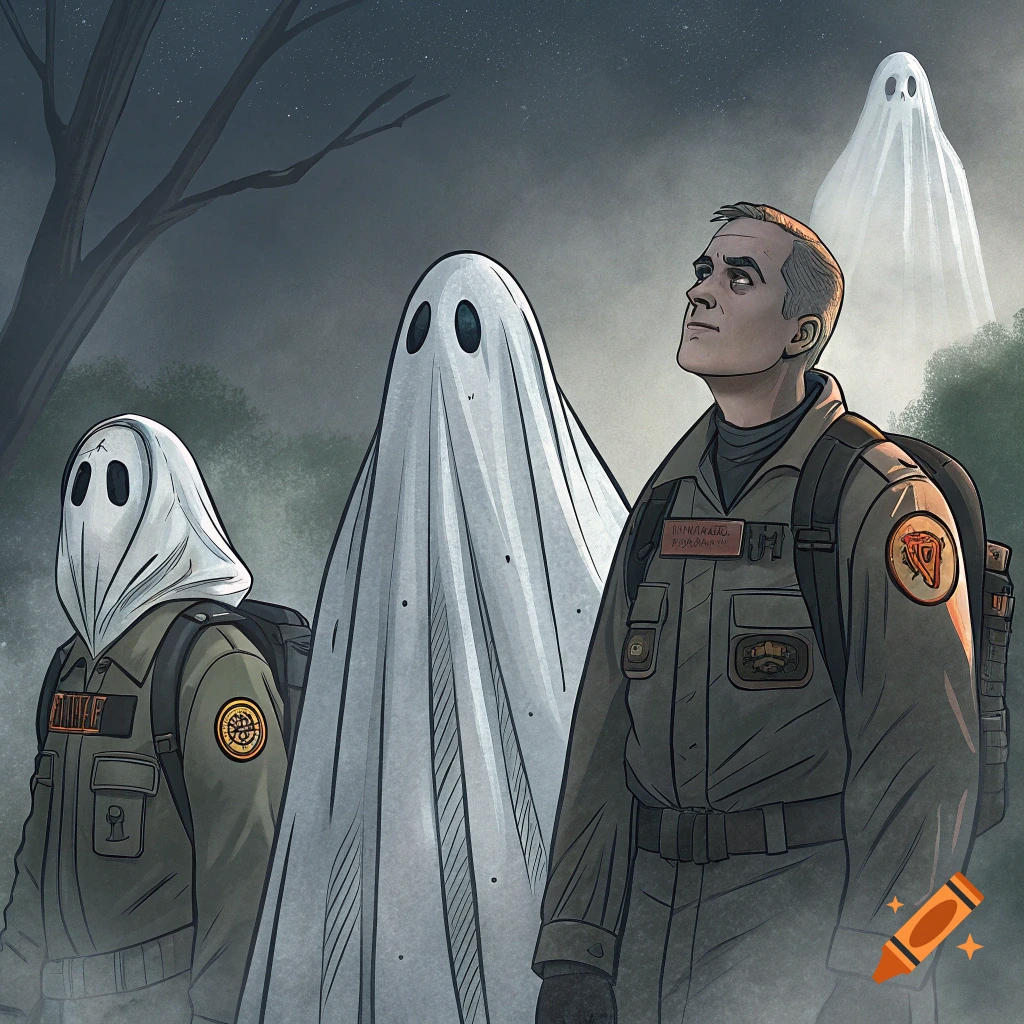 Drawing of people in uniforms with ghosts in a spooky forest.