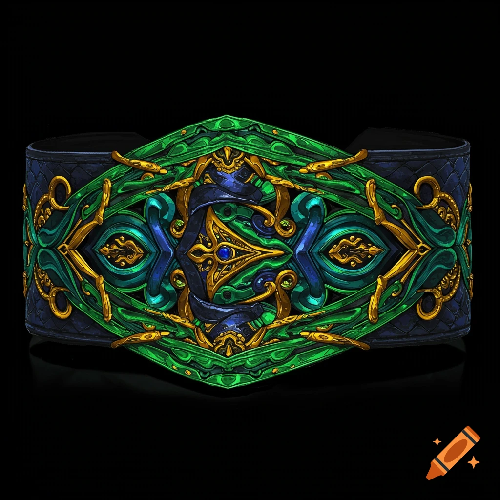 Ornate green, blue, and gold symmetrical cuff bracelet on black background.