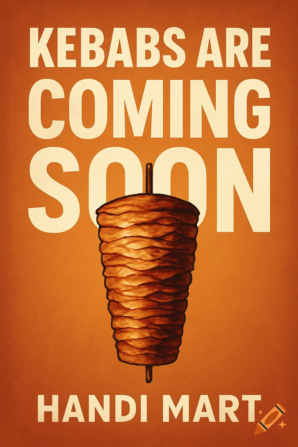 Poster advertising kebabs are coming soon to Handi Mart, featuring a stylized illustration of a kebab skewer.