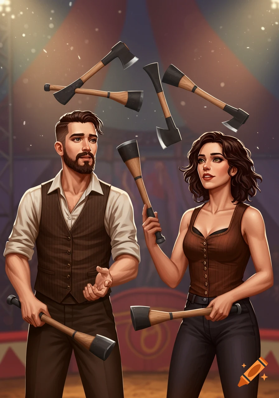 Man and woman juggling axes in a circus tent.
