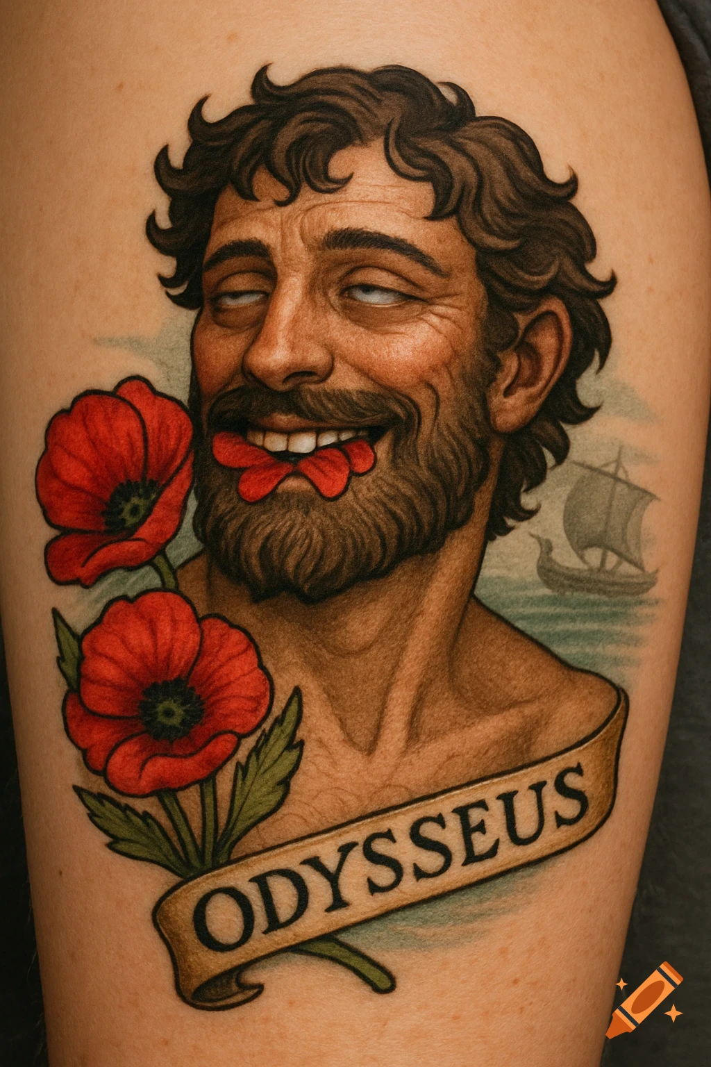 Tattoo of Odysseus with red poppies and a ship in the background.