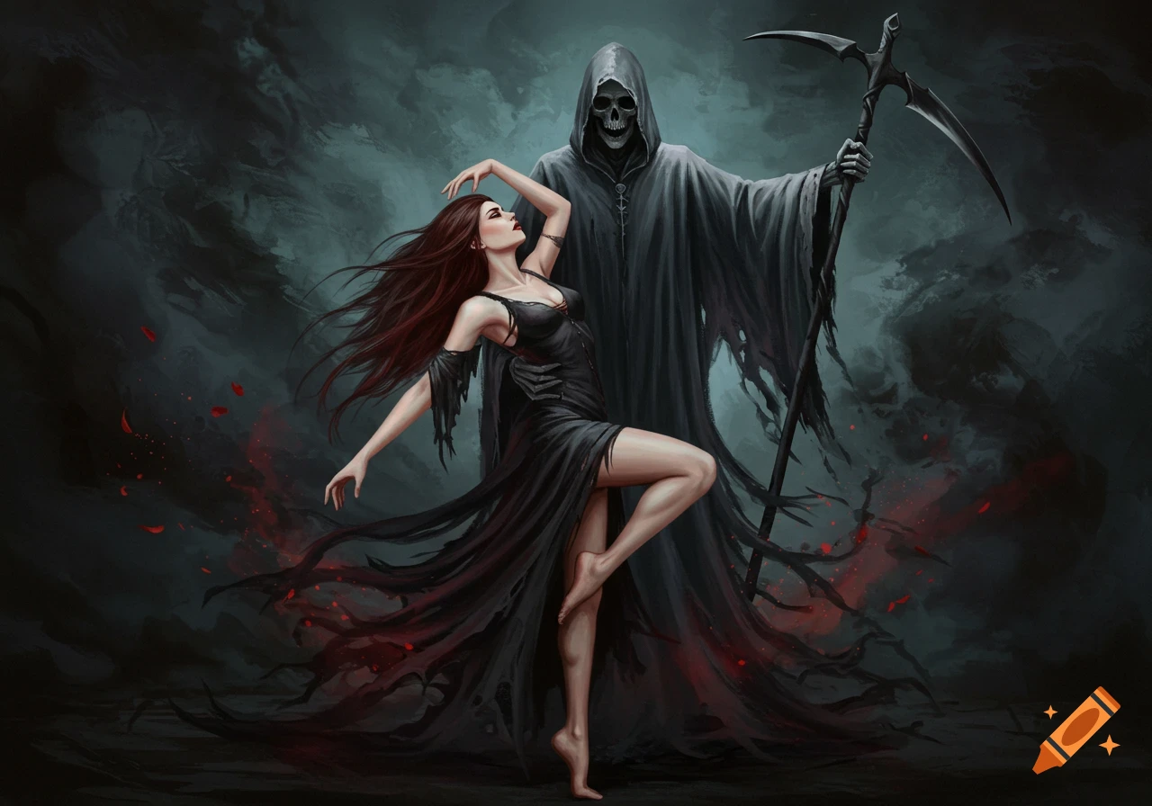 Dark illustration of a woman in a black dress dancing with the Grim Reaper.