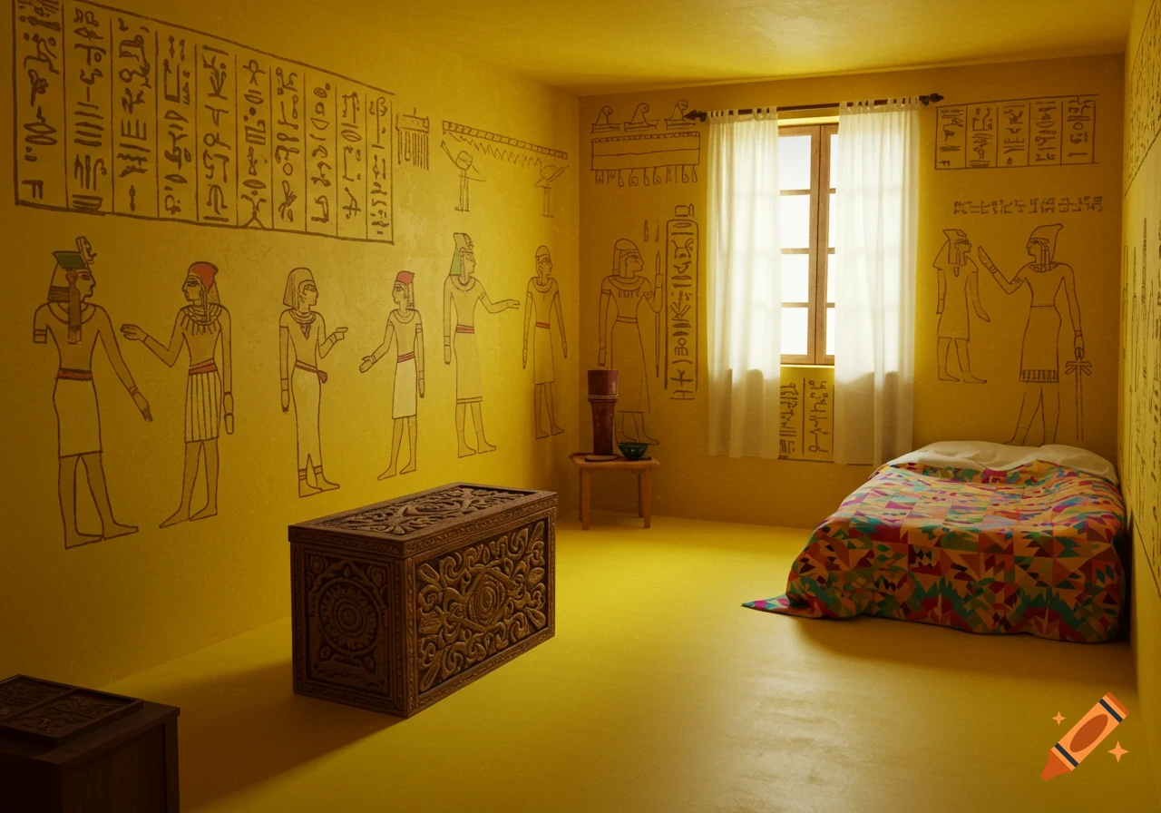 Yellow room with Egyptian wall drawings, carved chest, bed, and window.