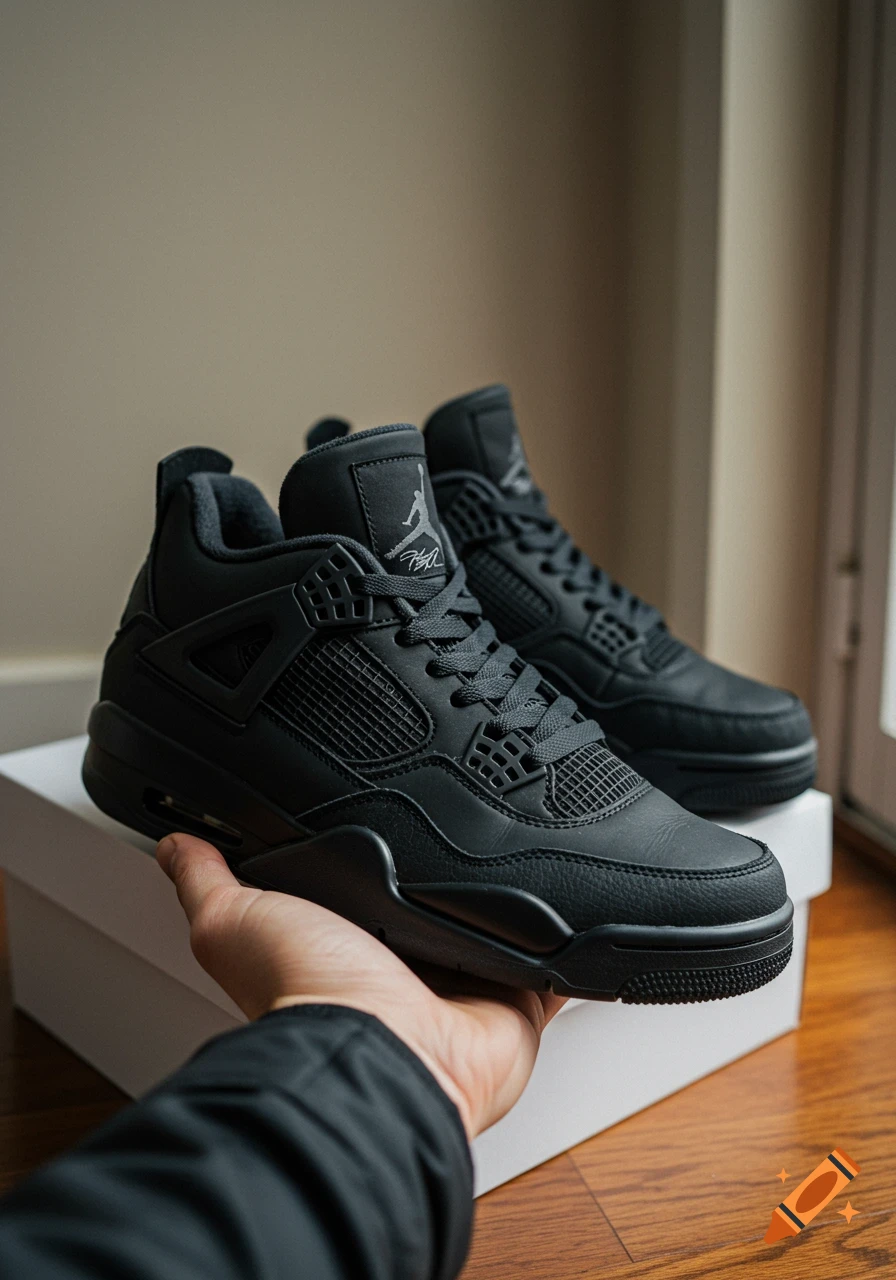 Hand holds a black Jordan 4 sneaker, another shoe sits on a box in a room, photorealistic.