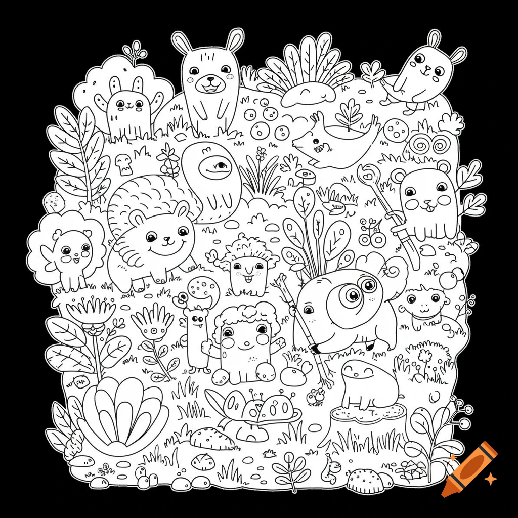 Black and white coloring page filled with cute cartoon animals and plants.