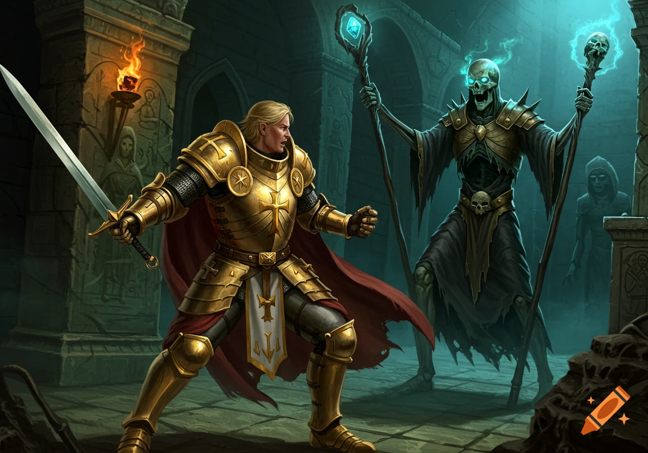 A paladin in golden armor fights a skeletal lich with glowing eyes in a dark dungeon.