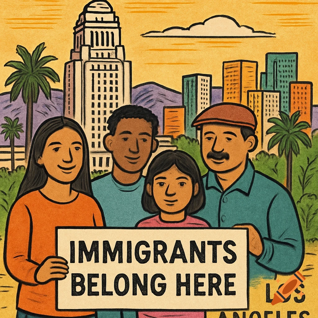 Illustration of a diverse group of people holding a sign that says 'IMMIGRANTS BELONG HERE' in front of the Los Angeles skyline.