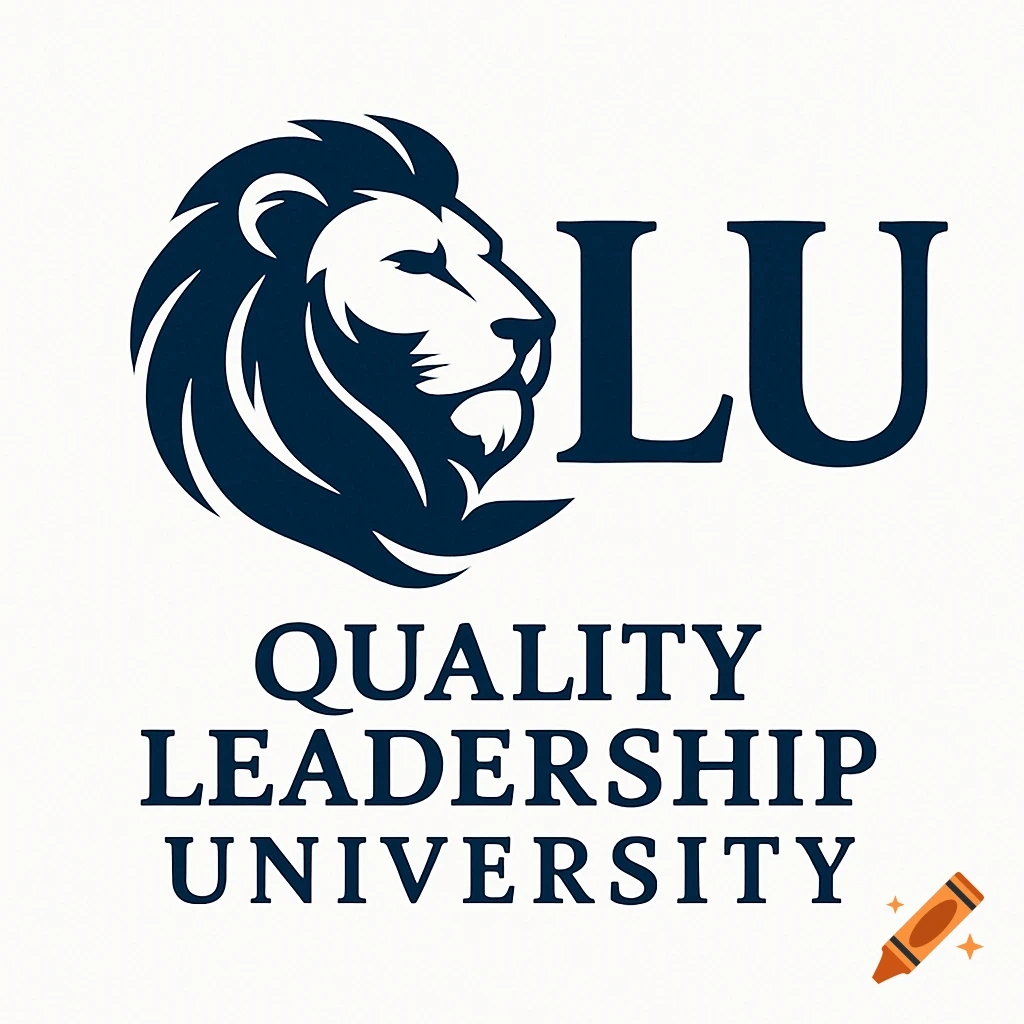 Logo for Quality Leadership University featuring a lion head and text.