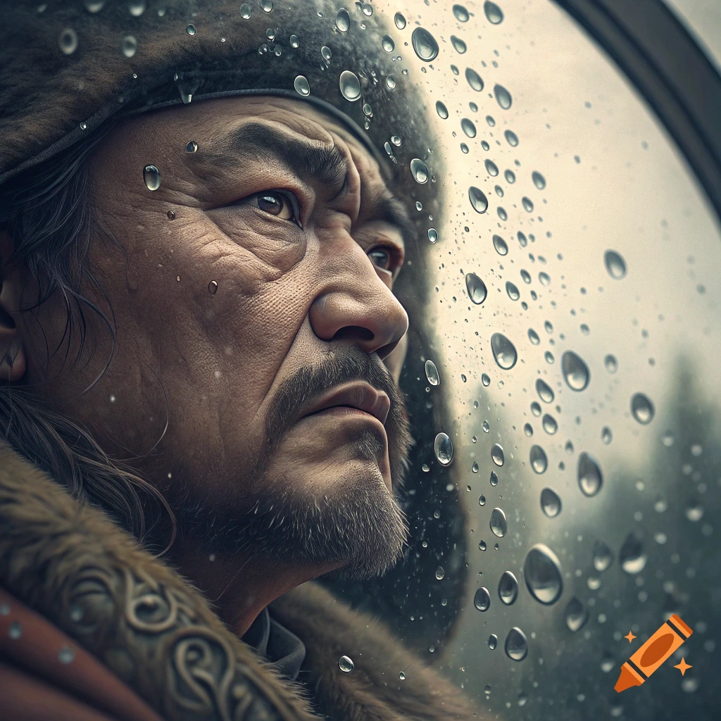 Close-up portrait of a man in a fur hat, resembling Genghis Khan, looking out a window covered in raindrops.
