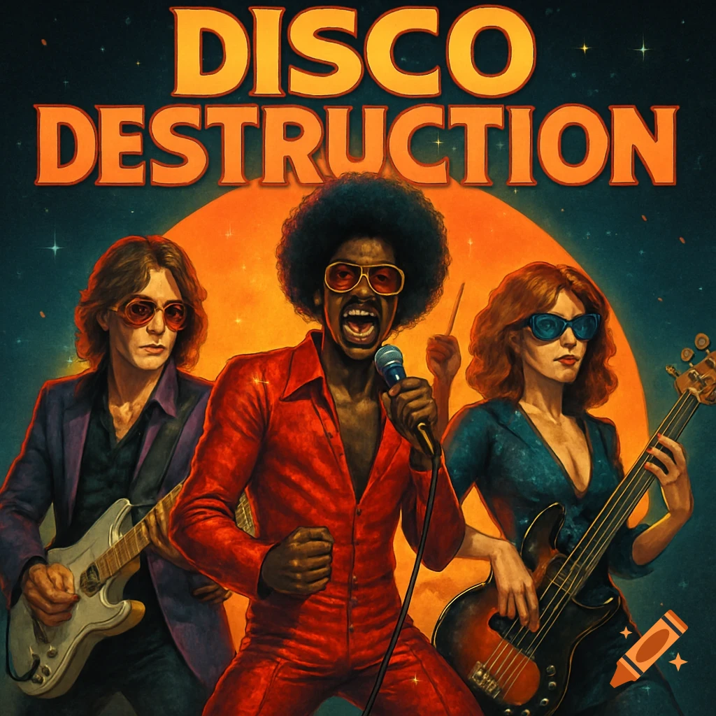 Vintage graphic art poster of a disco band with text 'DISCO DESTRUCTION'