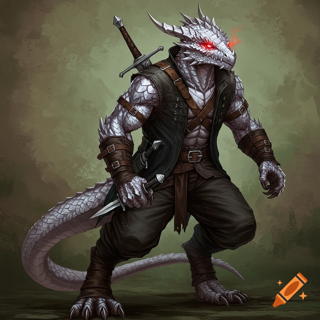 Platinum dragonborn fantasy character with sword and knife