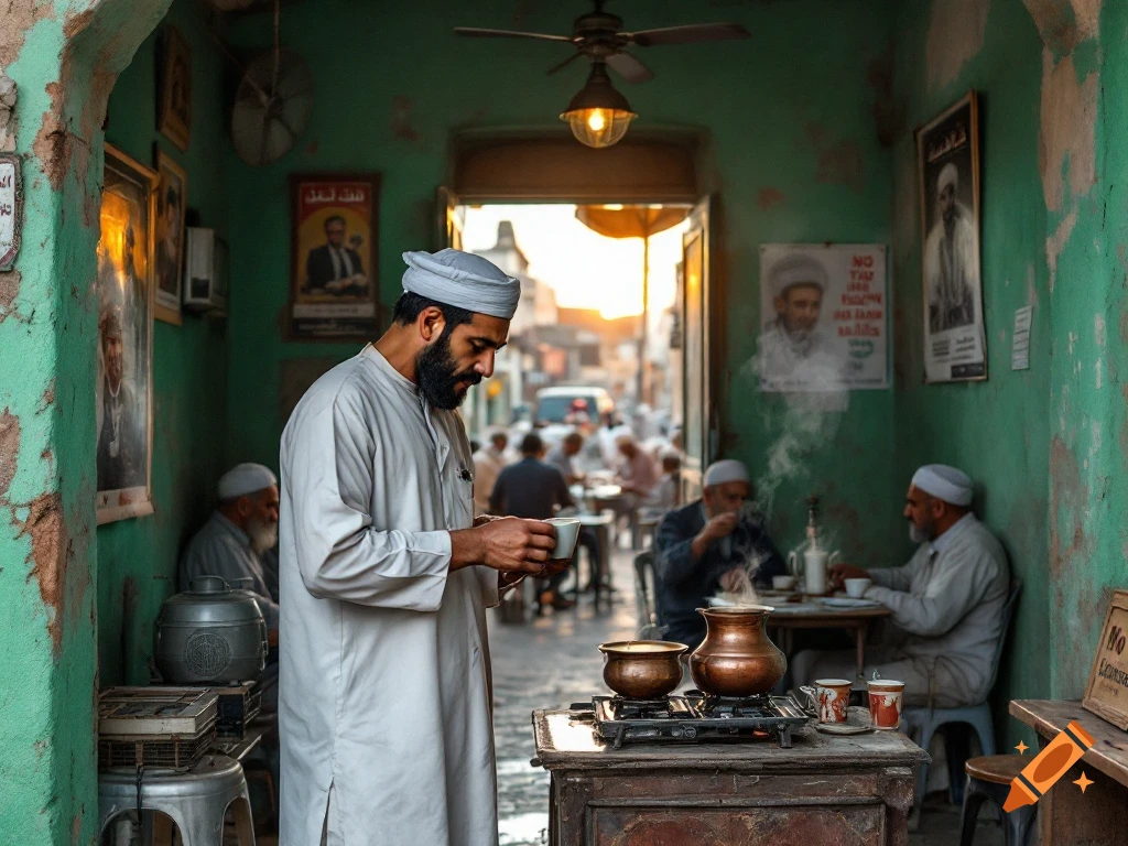 Photorealistic image of a man in a traditional cafe with others in the background.