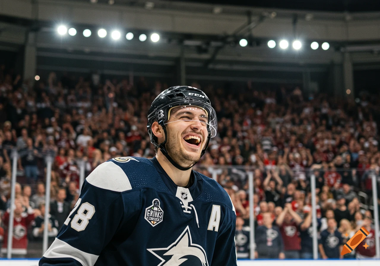 Photographic close-up of a laughing hockey player on the ice, with a blurry crowd in the background.
