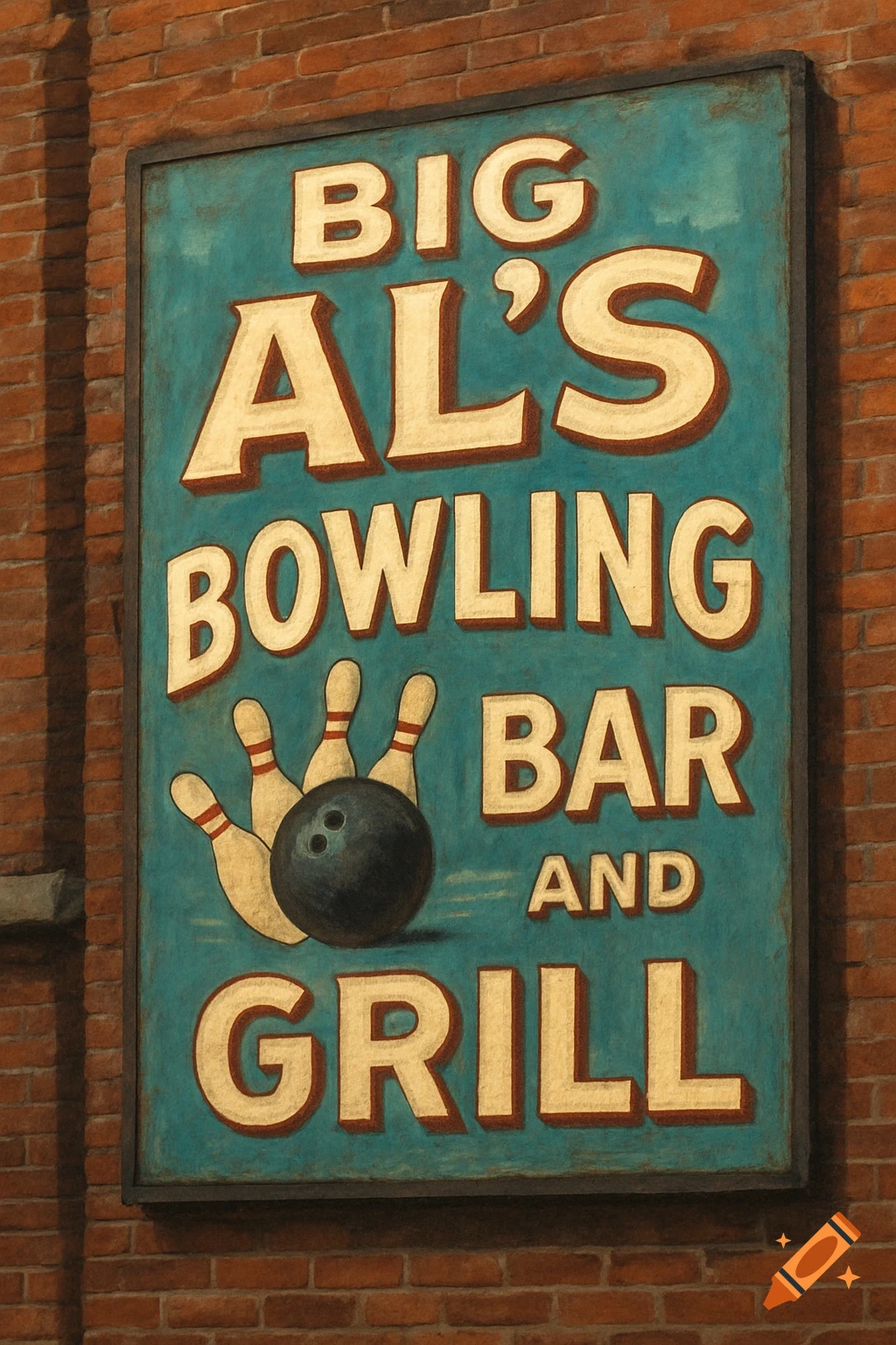 A painted sign on a brick wall reads BIG AL'S BOWLING BAR AND GRILL with an image of bowling pins and a ball.