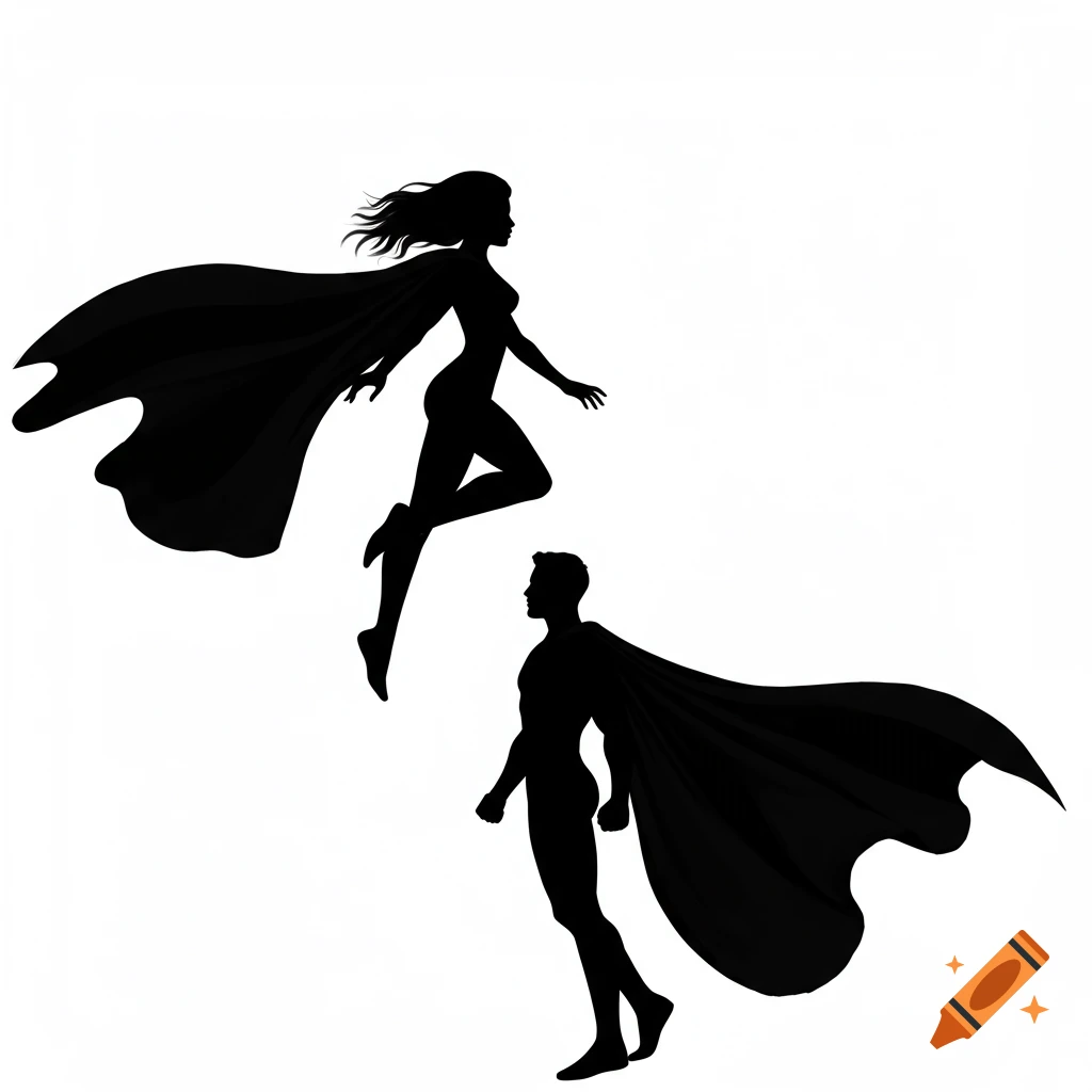 Black silhouettes of male and female superheroes flying with capes