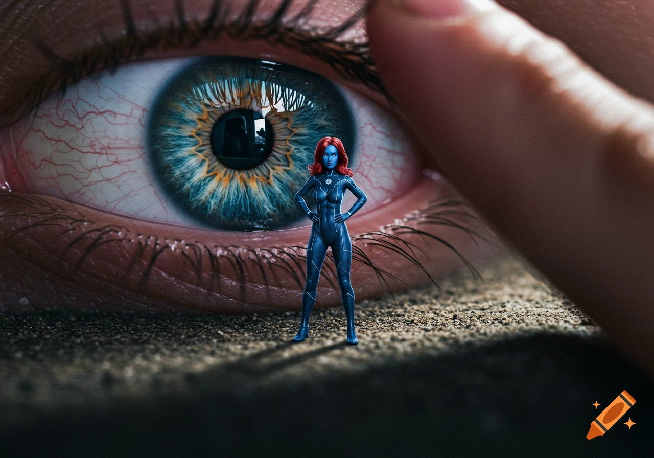 Tiny blue-skinned superheroine near giant eye and finger, photorealistic.
