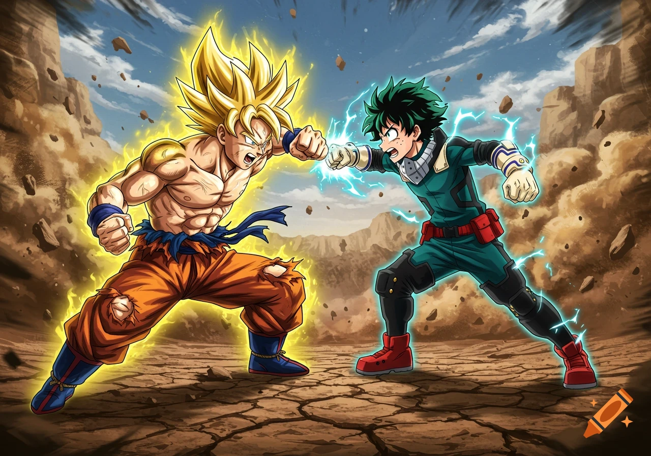 Anime style depiction of Goku and Deku punching each other in a rocky ...