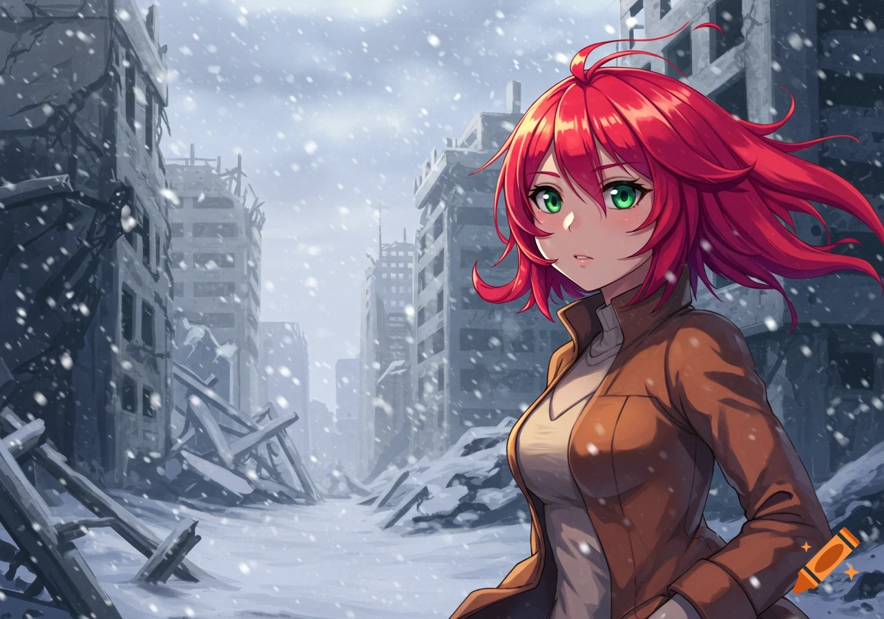 Anime girl with red hair and green eyes in a ruined city during a snowfall.