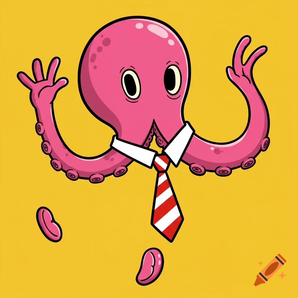 Cartoon pink octopus wearing a white shirt and red striped tie against a yellow background.