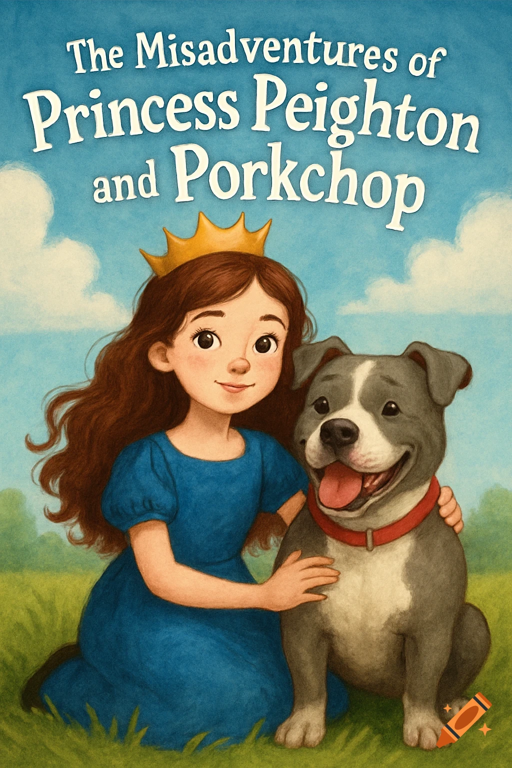 A children's book cover illustration of a princess and her pit bull in a grassy field.