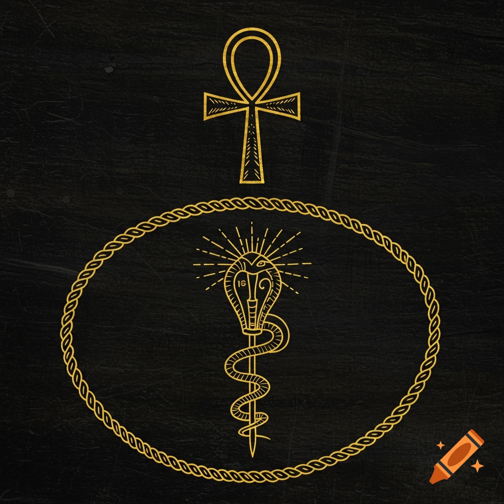 Egyptian-style golden symbols on black textured background: Ankh, serpent and staff in rope oval.