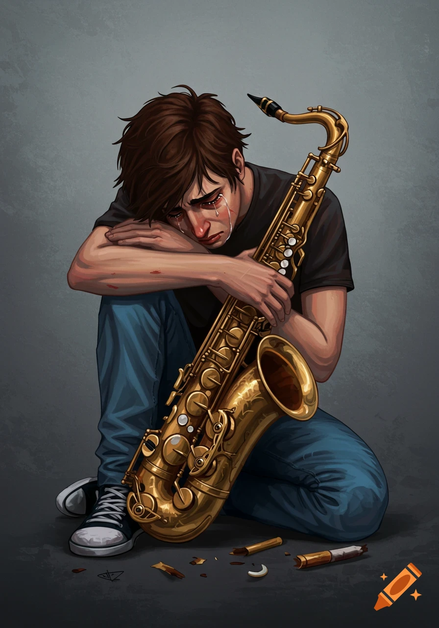 Illustration of a person crying while holding a saxophone, with broken pieces and cigarette butts on the floor.