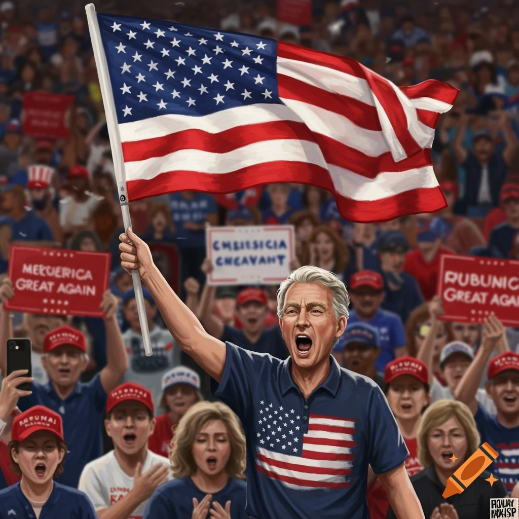 Man speaking at a rally, waving a US flag above a crowd with signs, illustration