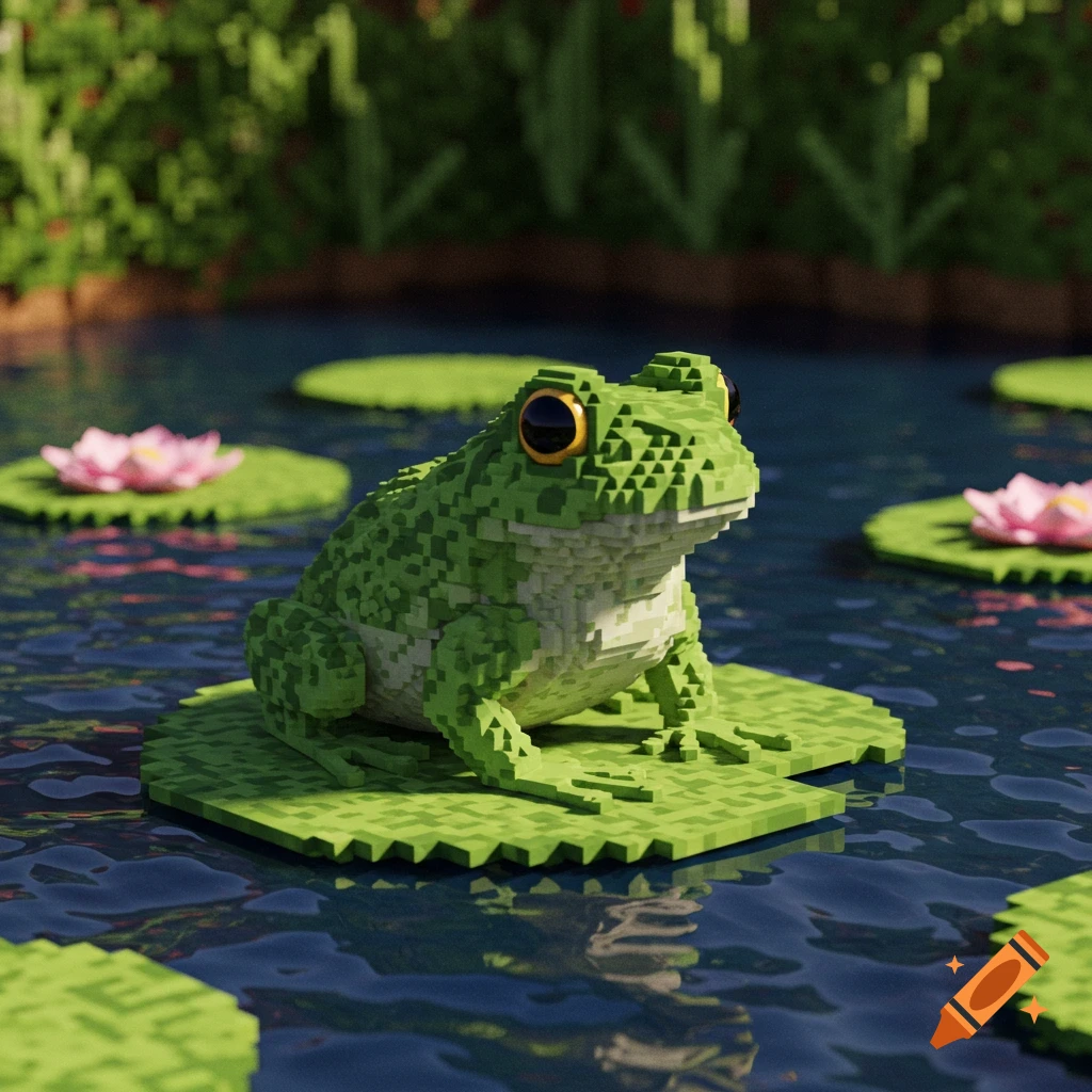 A pixel art frog sits on a lily pad in a pond with water lilies.