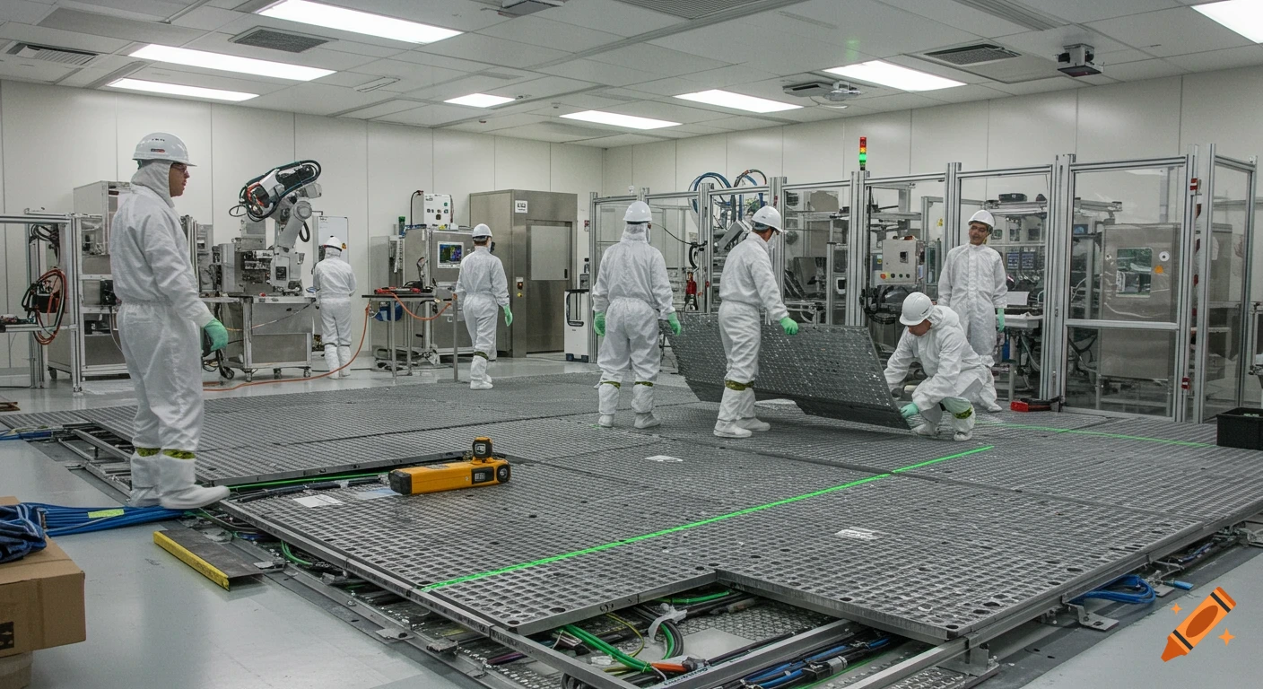 People in cleanroom suits install a raised floor grid in a sterile, high-tech manufacturing environment.