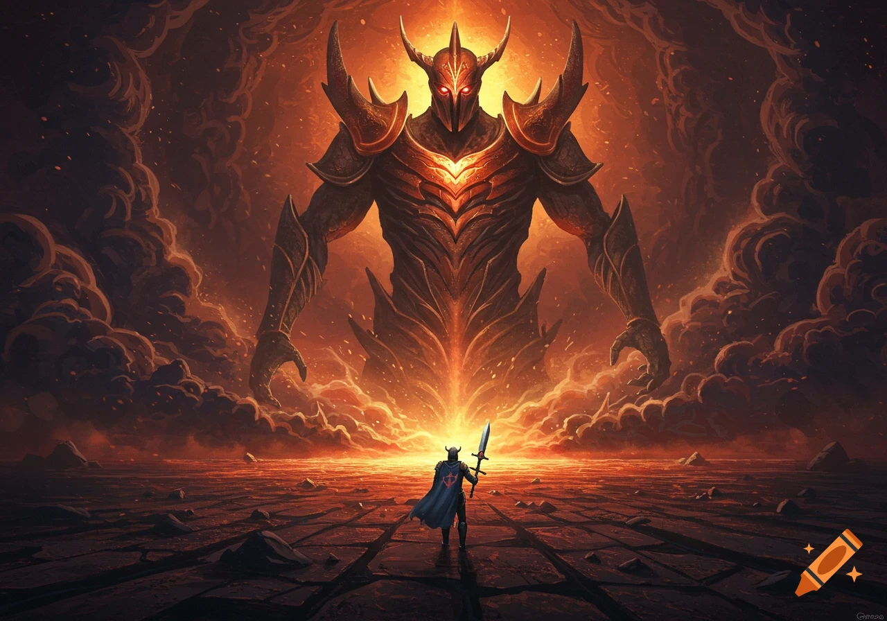 A lone knight faces a colossal horned demon in a fiery, volcanic landscape.