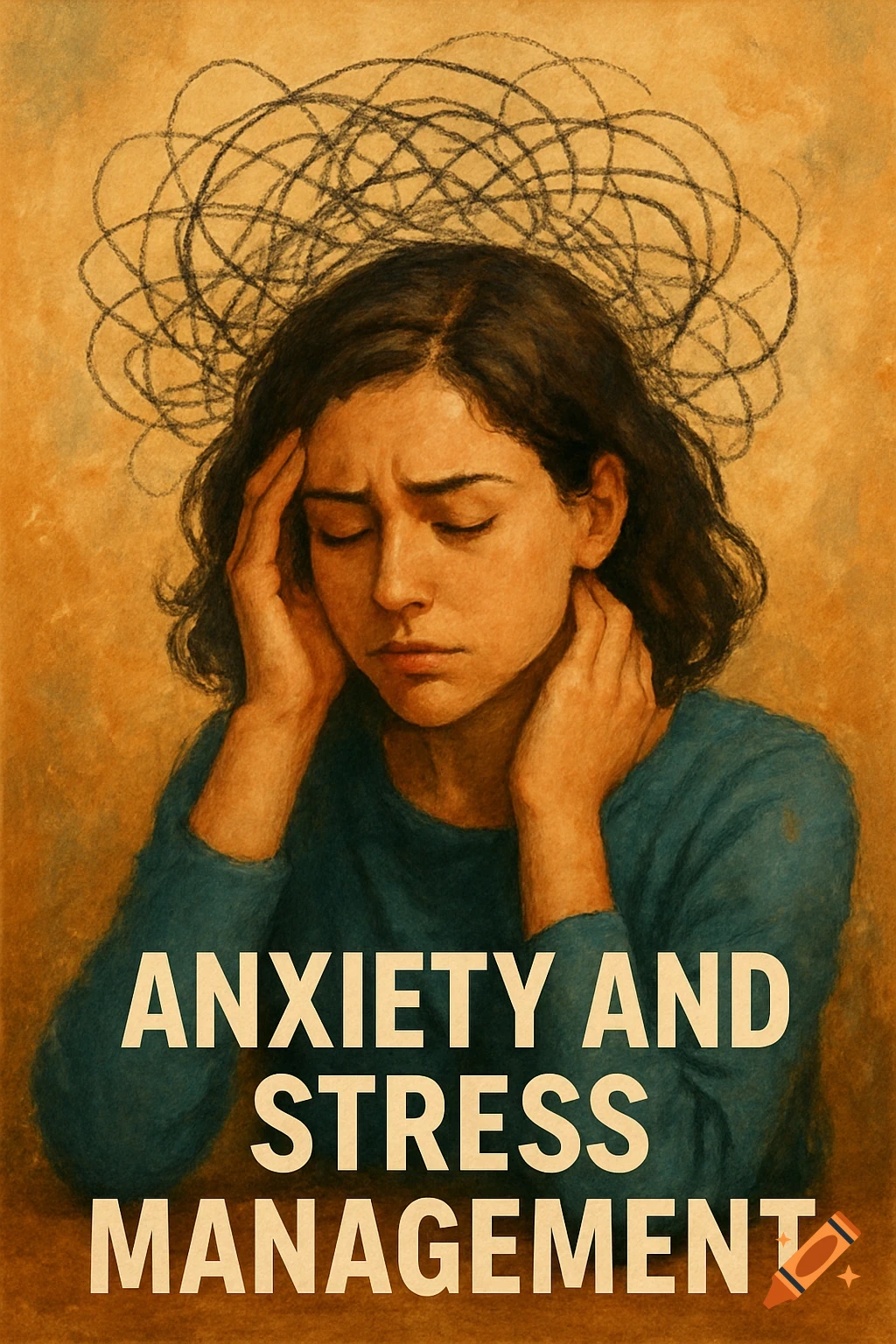 Illustration of a woman holding her head in distress with chaotic scribbles above her head and text reading ANXIETY AND STRESS MANAGEMENT.