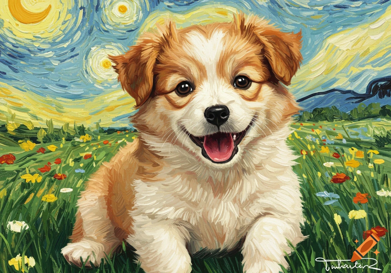 A happy puppy sits in a field of flowers in the style of Vincent Van Gogh