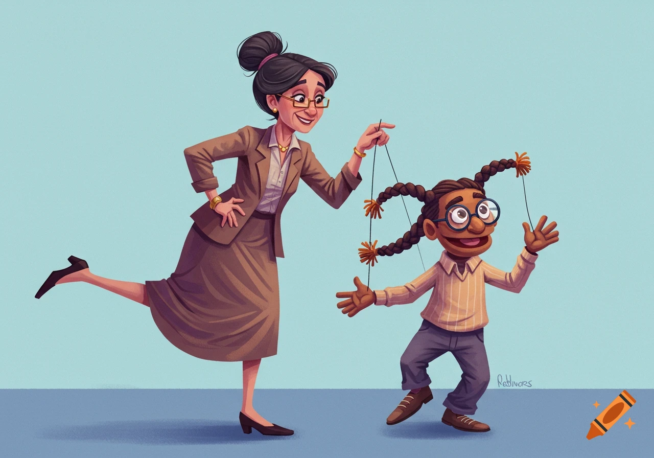 Illustration of a teacher controlling a puppet with strings.