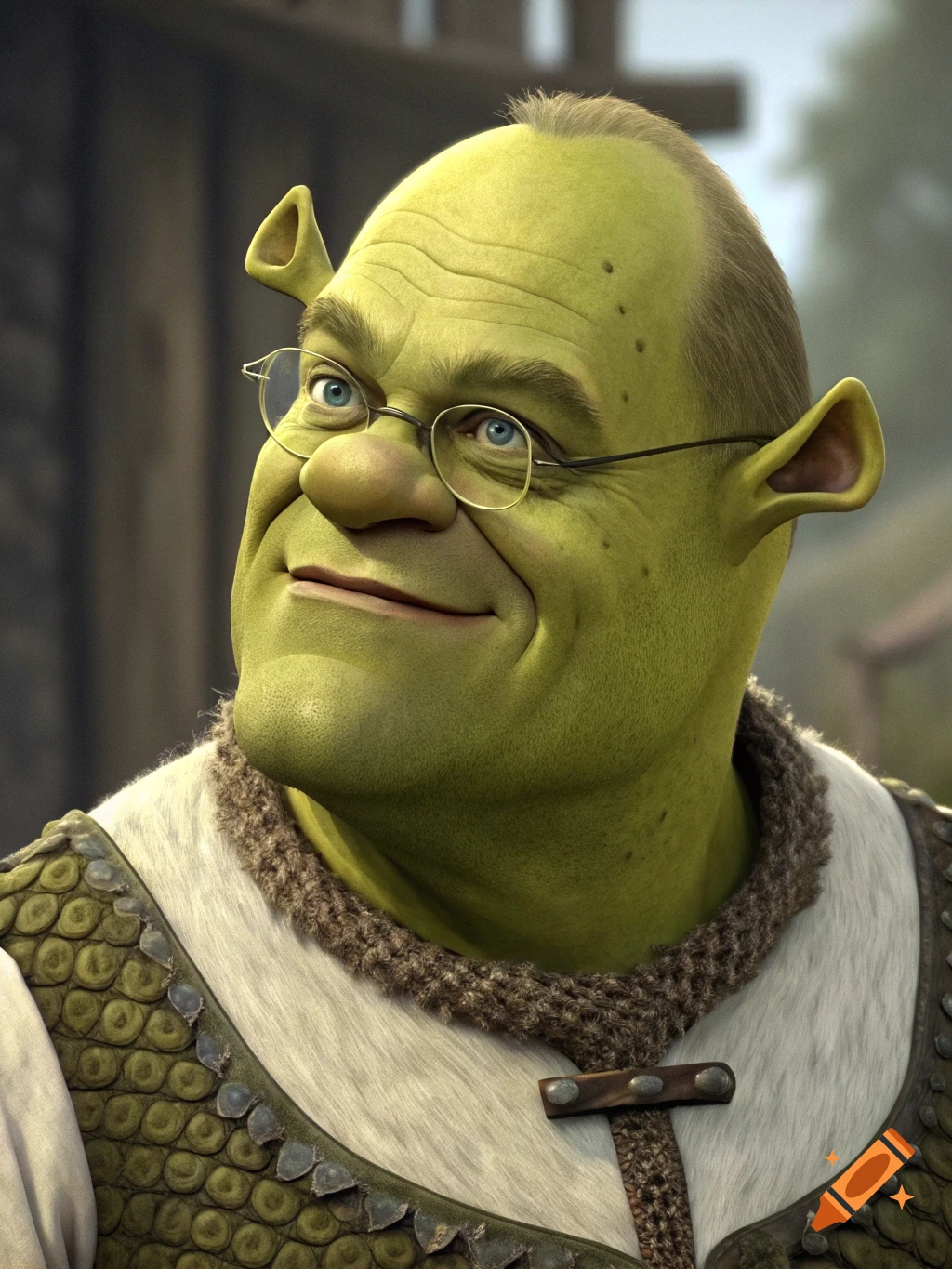 Close-up of Shrek's head with the facial features of Donald Tusk, wearing glasses and Shrek's vest.