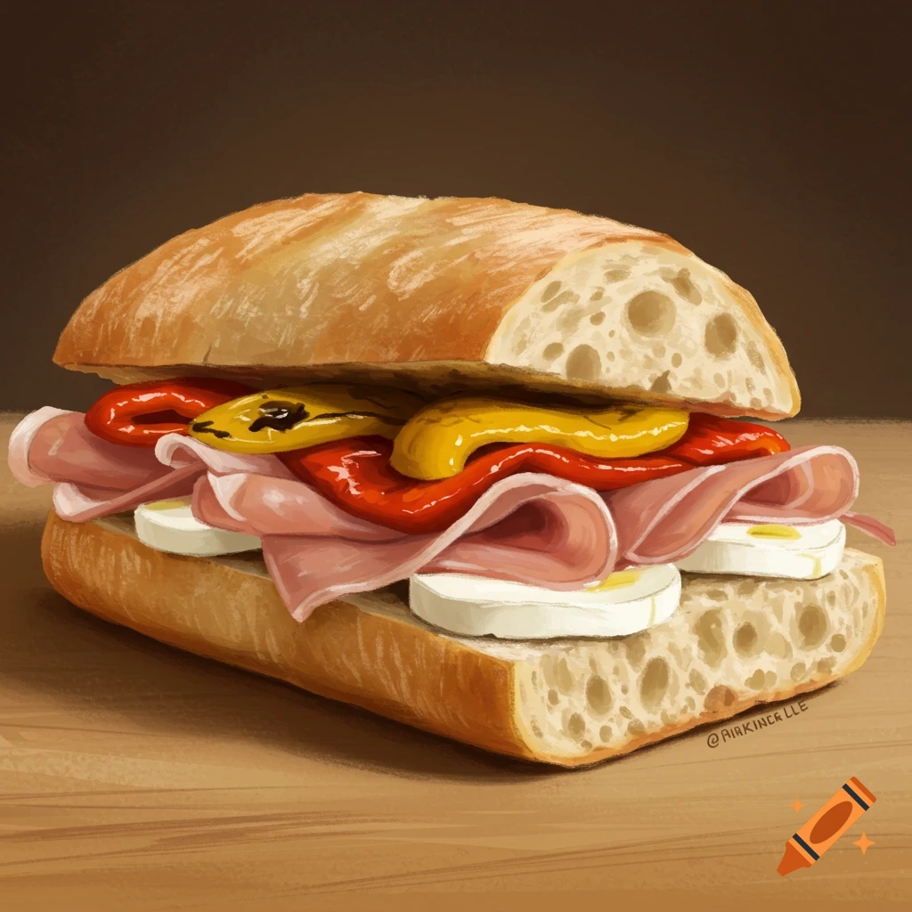 Digital painting of a sandwich with prosciutto, mozzarella, and roasted peppers on ciabatta.