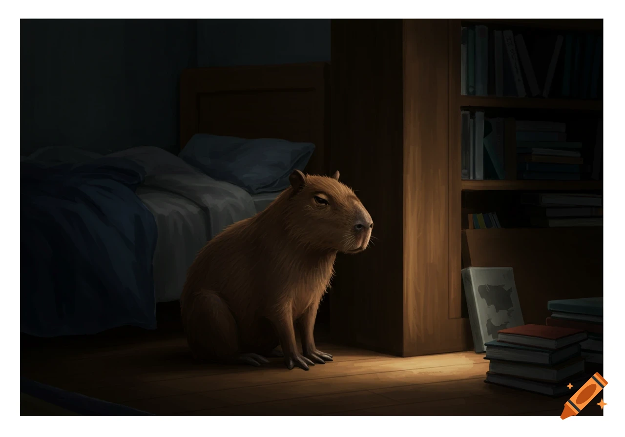 Illustration of a sad capybara sitting in a dark bedroom near a bed and bookcase.