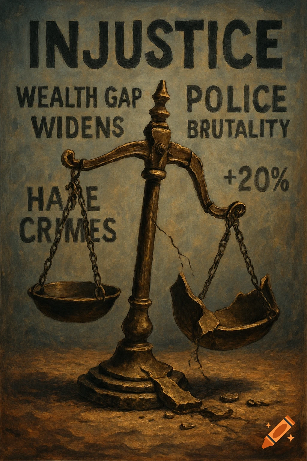 Stylized painting of broken scales of justice with text 'INJUSTICE', 'WEALTH GAP WIDENS', 'POLICE BRUTALITY', 'HATE CRIMES', and '+20%'