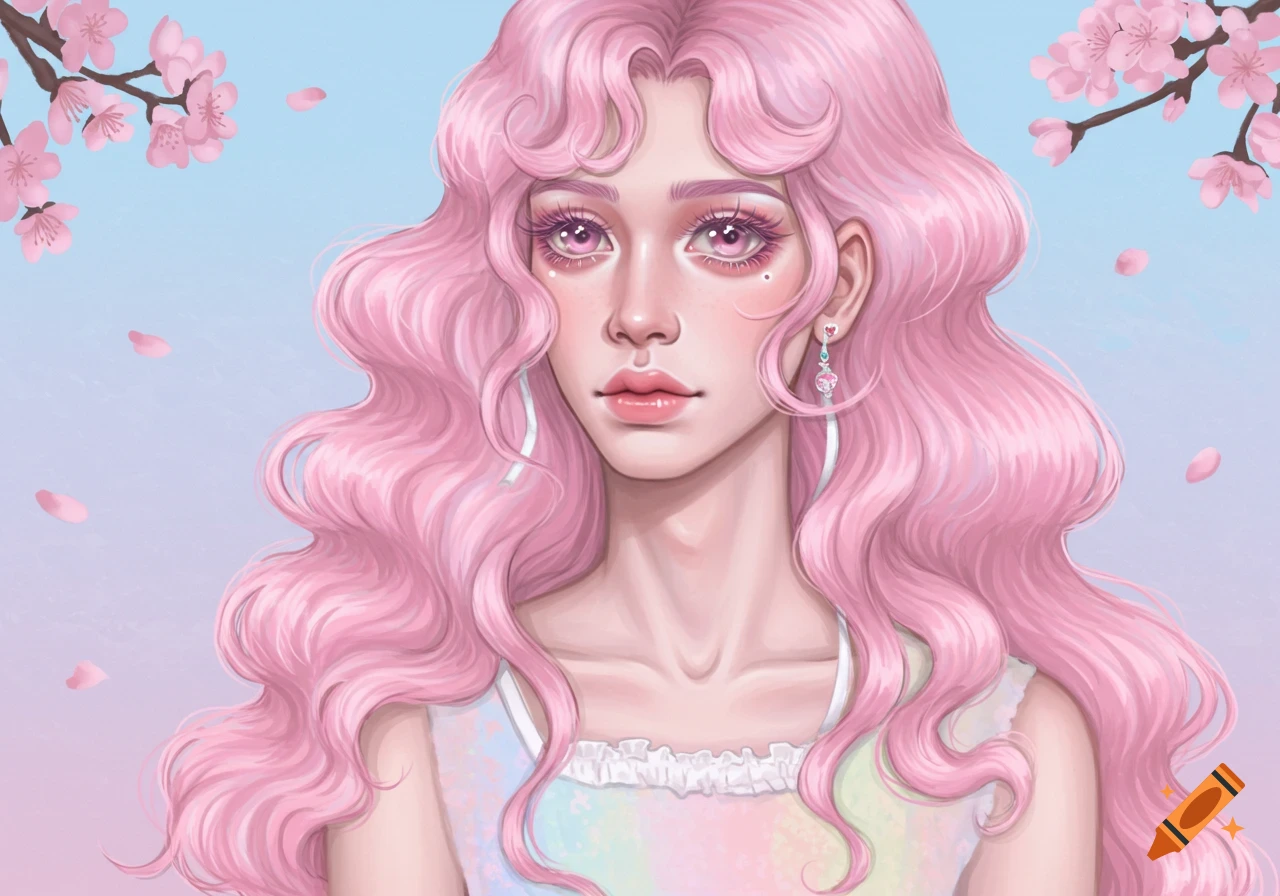 Anime portrait of person with pink hair and cherry blossoms.