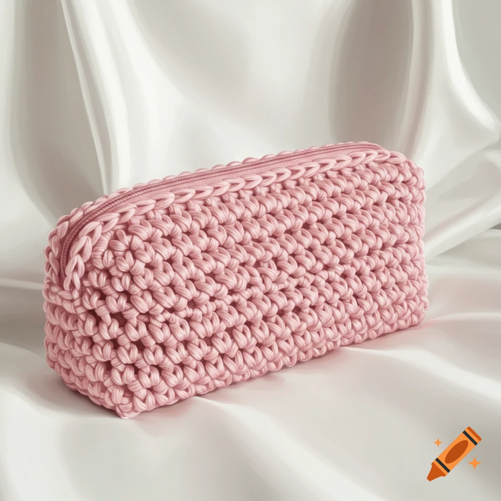 A pink crochet pencil case rests on a white silk background.