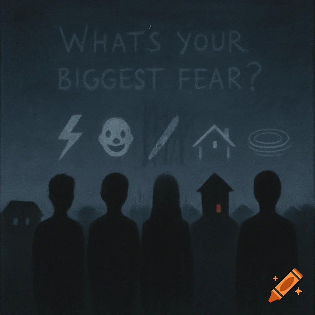 Dark painting with silhouettes of figures below text asking "What's your biggest fear?" with fear symbols like lightning, clown, knife, house, and ripples above them.