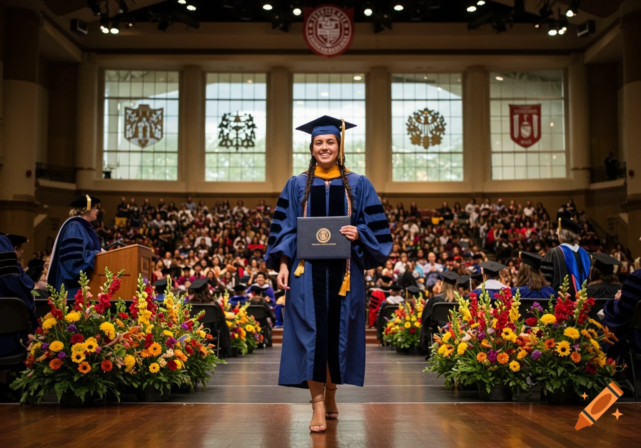 Woman in doctoral robe holds diploma, walking across stage at large graduation ceremony with crowd and flowers.