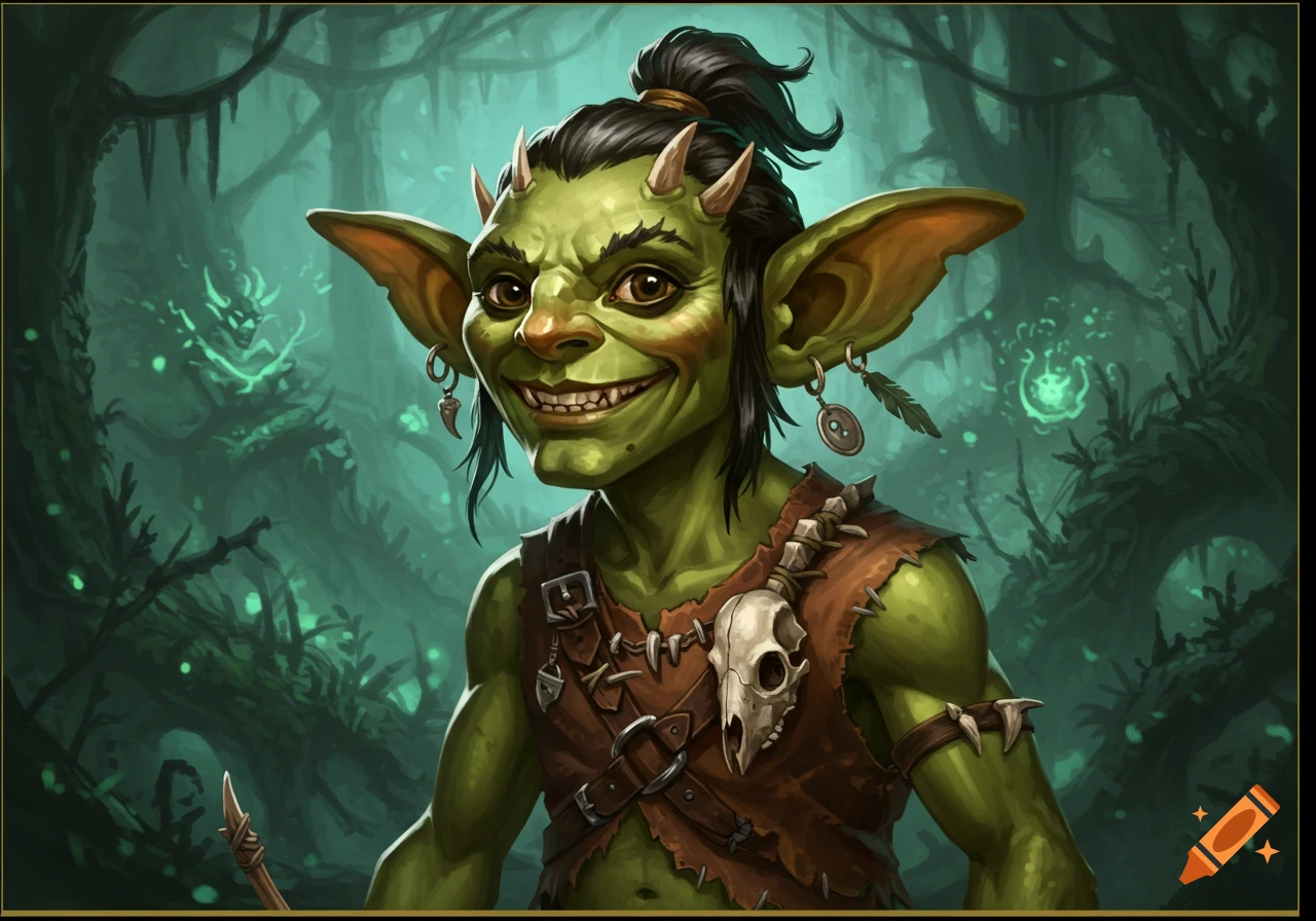 A green fantasy goblin with horns and a ponytail, wearing leather armor with a skull, stands smiling in a dark, misty forest.
